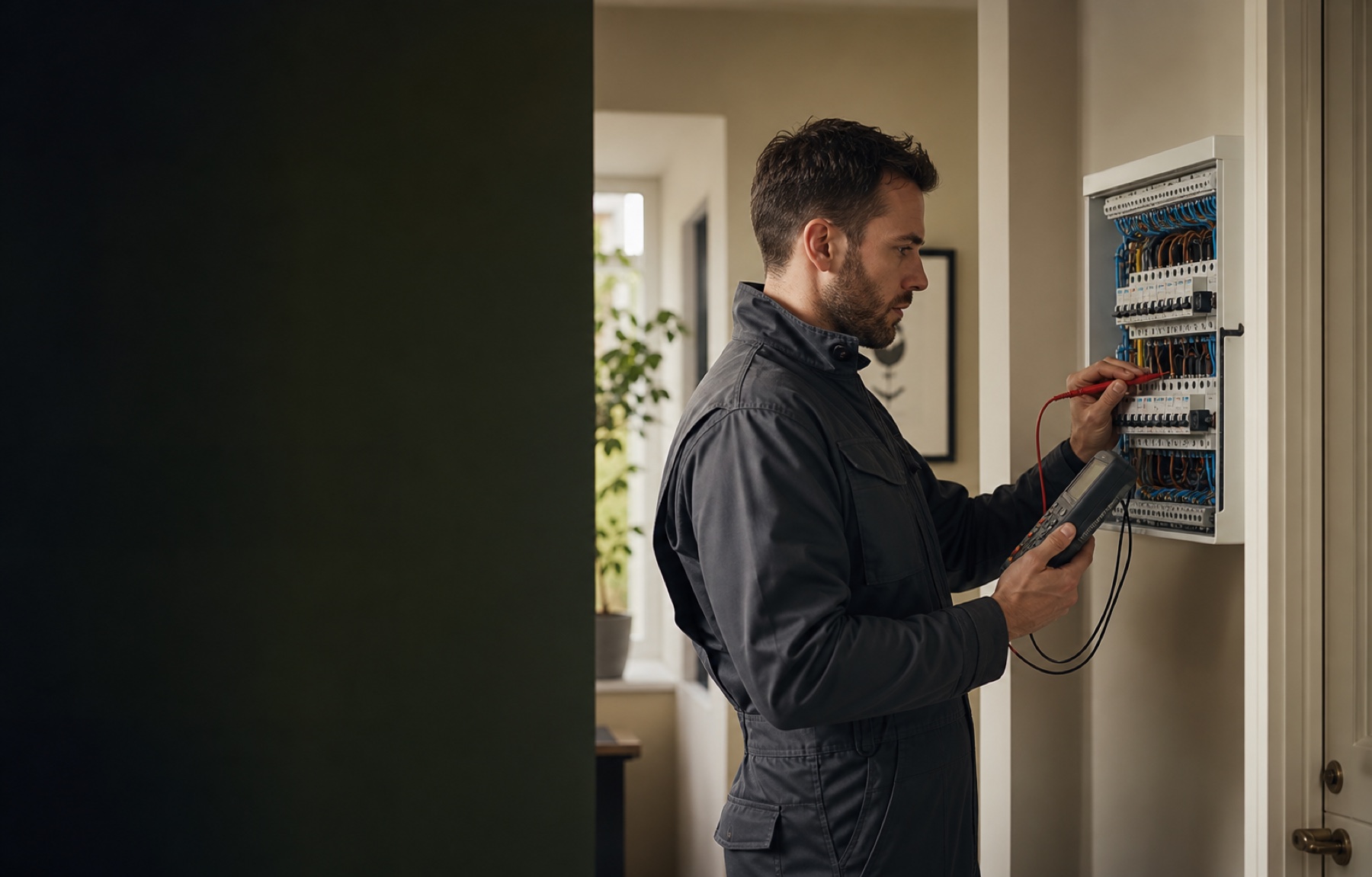 Electrician testing a modern consumer unit in a Kent home