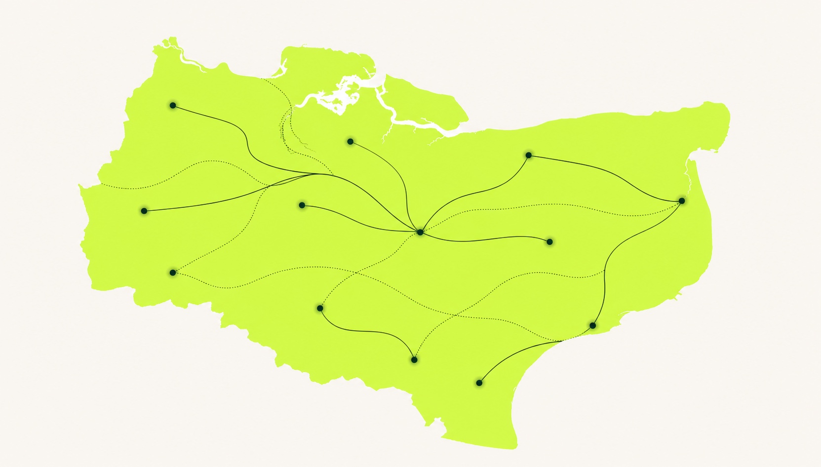 Stylised lime map of Kent showing the Top Local Electrical coverage network